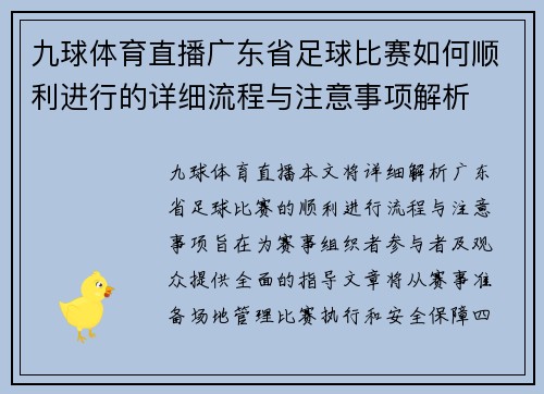 九球体育直播广东省足球比赛如何顺利进行的详细流程与注意事项解析